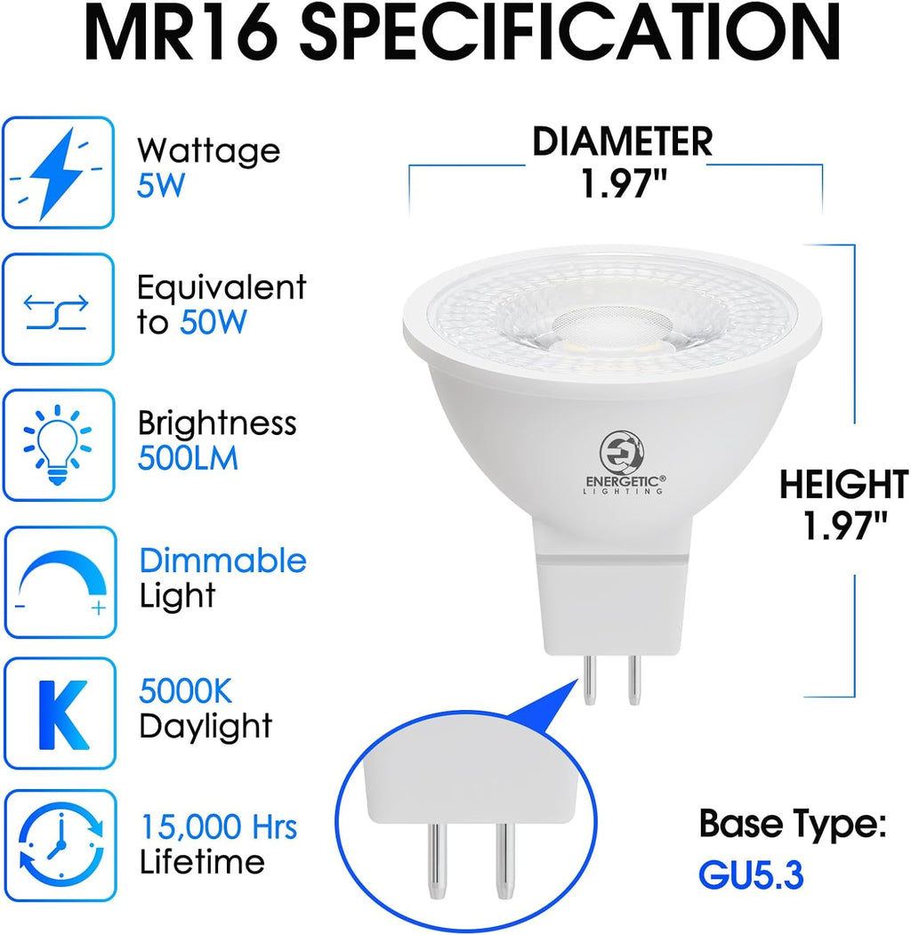 Energetic Dimmable MR16 5W 12V LED Light Bulb, 50W Halogen Equivalent, CRI 80+, GU5.3 Bi-Pin Base, 40 Degree Beam