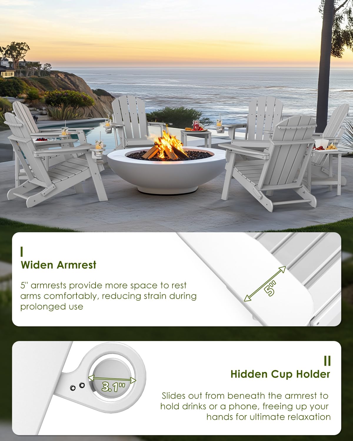 Folding-Adirondack-Chairs Set of 4, HDPE All Weather, White