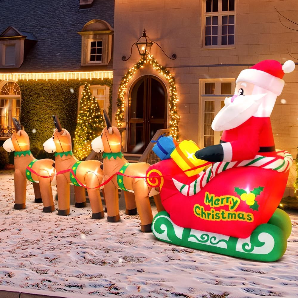 12FT Christmas Inflatables Santa Claus on Sleigh with Reindeer Deer Merry Christmas Winter Blow up Yard Décor LED