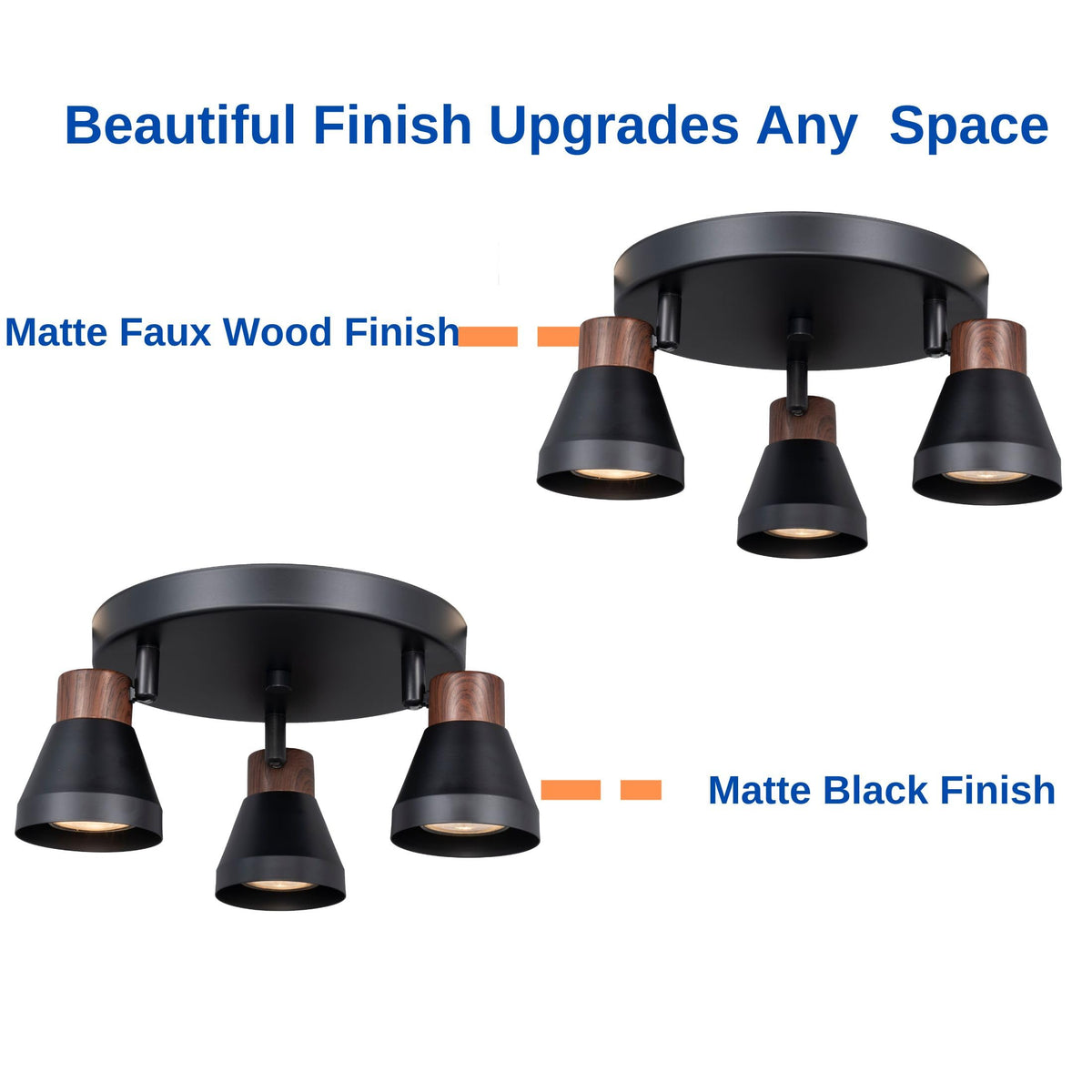 Modern Track Lighting Kit Black Faux Wood Accent,Adjustable GU10 Flush Mount Ceiling Fixture Pivot