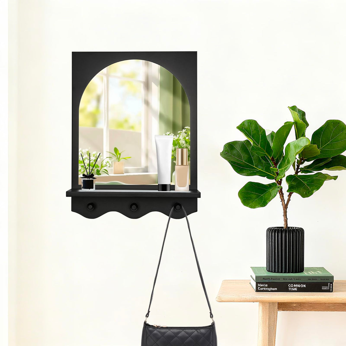 Black 16"x12" Wood Framed Arched Mirror with Shelf and 3 Hooks, Wall Mounted Decorative Real Glass Hanging Mirror