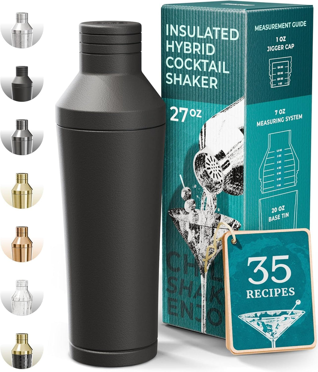 Insulated Cocktail Shaker Set | Double Wall Stainless Steel | Martini Shaker Bar Bartending | Built-in Drink Measure