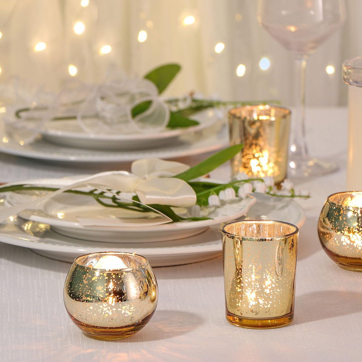 48PCS Assorted Gold Votive Candle Holders Bluk, Gold Wedding Decorations, Mercury Glass Candle Holder for Tea Lights