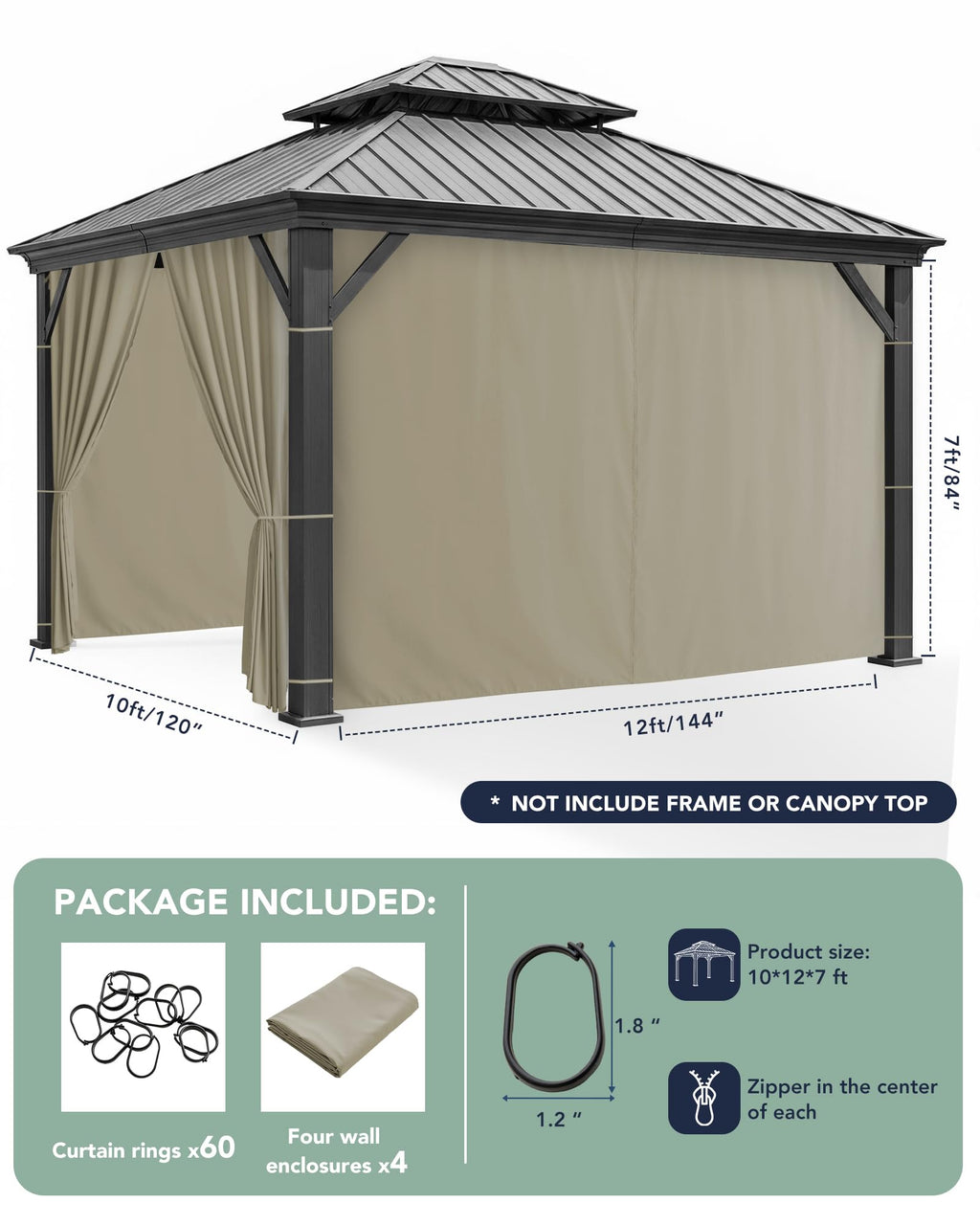 Patio Curtains Outdoor Waterproof with Zipper, 4-Panel, Taupe