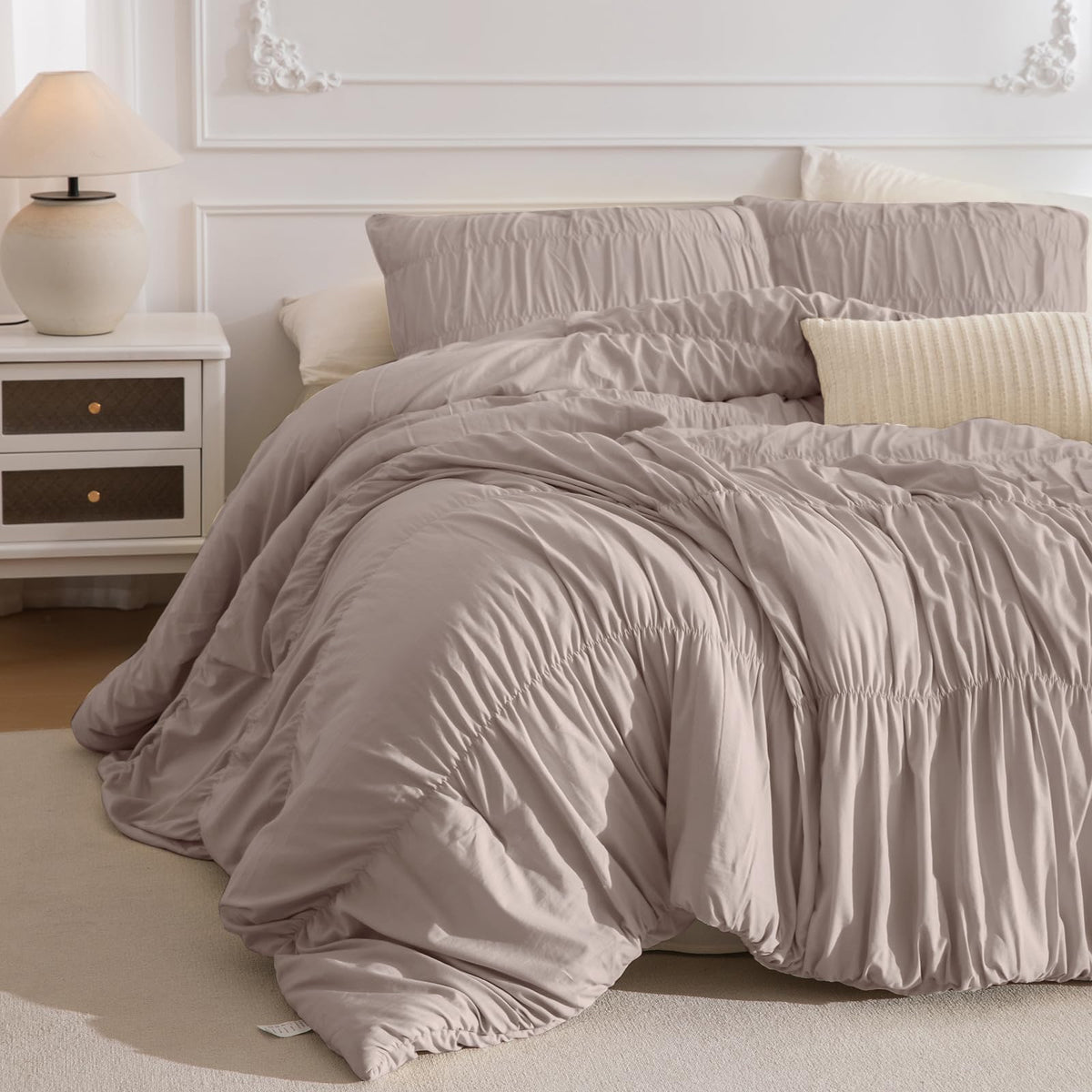 Oversized King Comforter(120"x98"), Taupe Ruched Ruffle California King Comforter Set, 3 Pieces Lightweight Extra Large