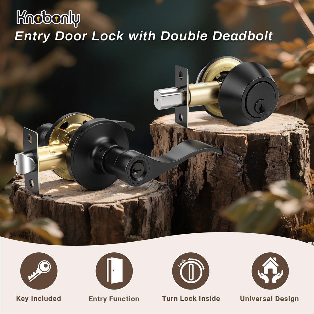 1 Set Entry Door Lever and Deadbolt Lock Set, Deadbolts Keyed Both Sides, All Keyed Same, Wave Style Front and