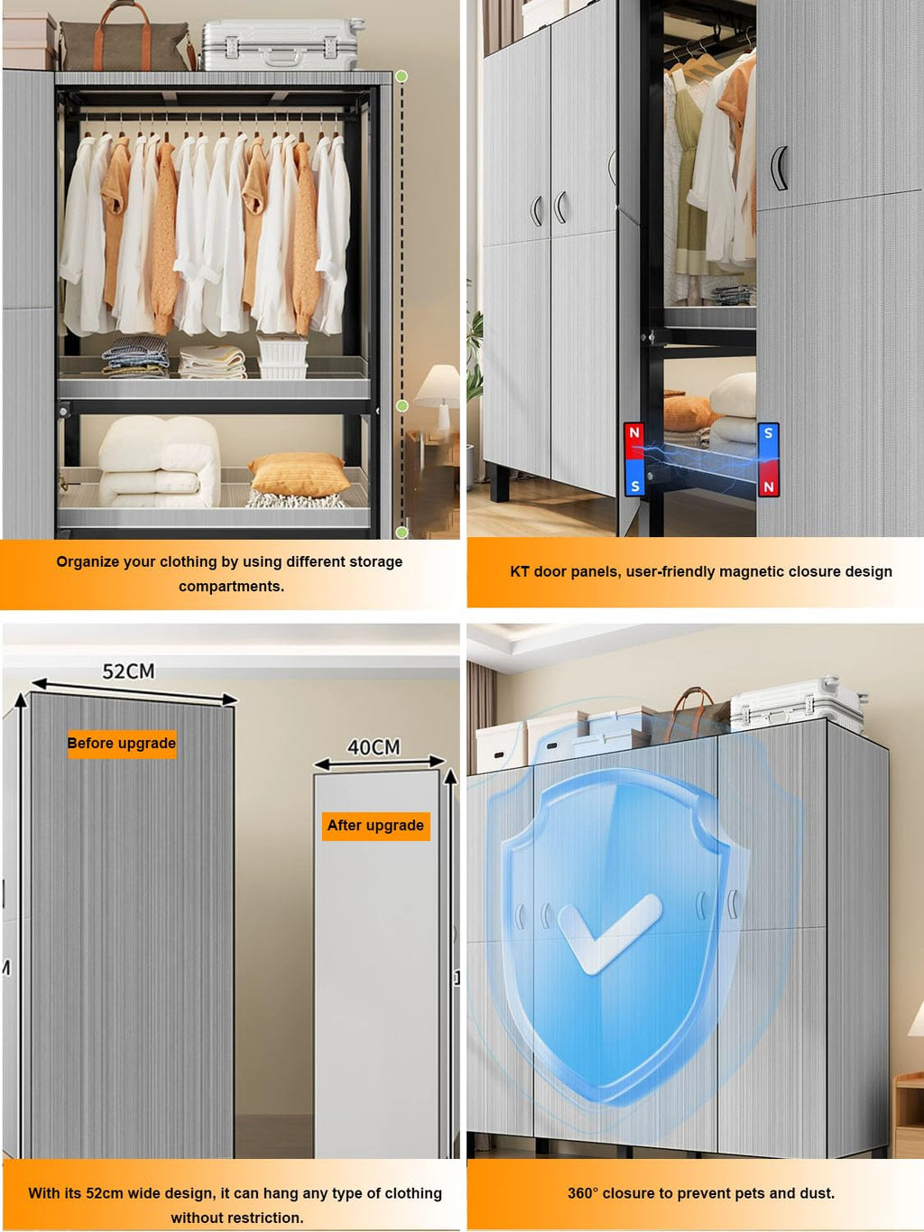 49.2in Heavy Duty Clothes Rack with Magnetic Door 1300LBS Foldable Portable Wardrobe Closet for Hanging Clothing