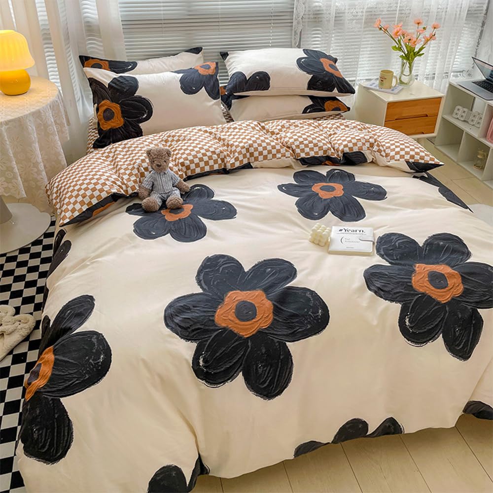 Black Floral California King Comforter Set 3Pcs Sunflower Bedding Sets Brown Grid Bedding Comforter Sets Cal King