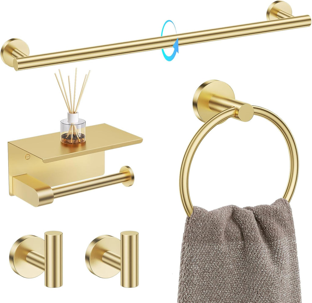 5 Piece Bathroom Hardware Set, Brushed Gold Bathroom Accessories | SUS304 Stainless Steel, 23.6" Brushed Gold Toilet