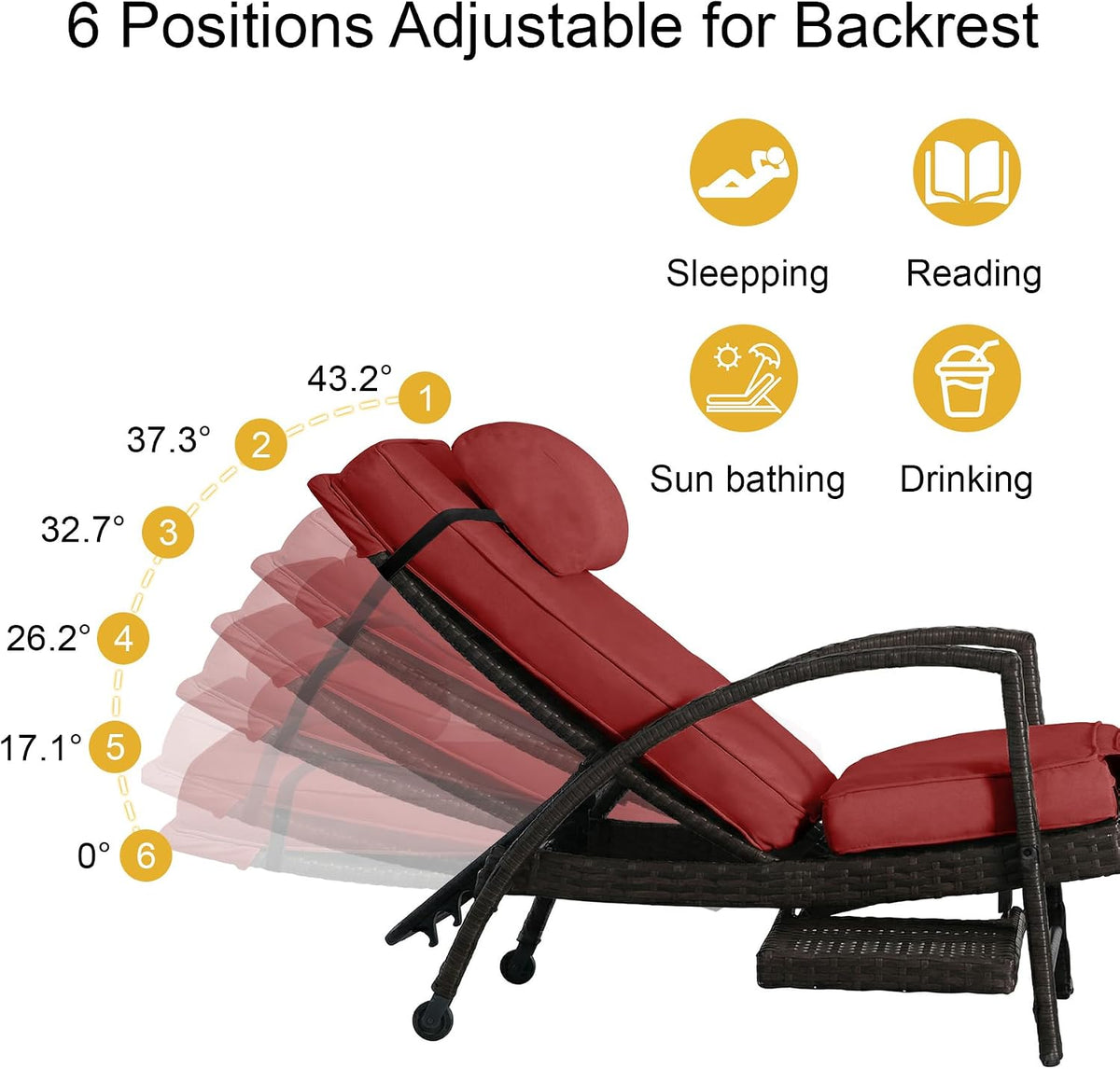Outdoor Chaise Lounge Set of 2, Patio Lounge Chairs with Side Table,Red | Patio chaise lounges feature 6-position