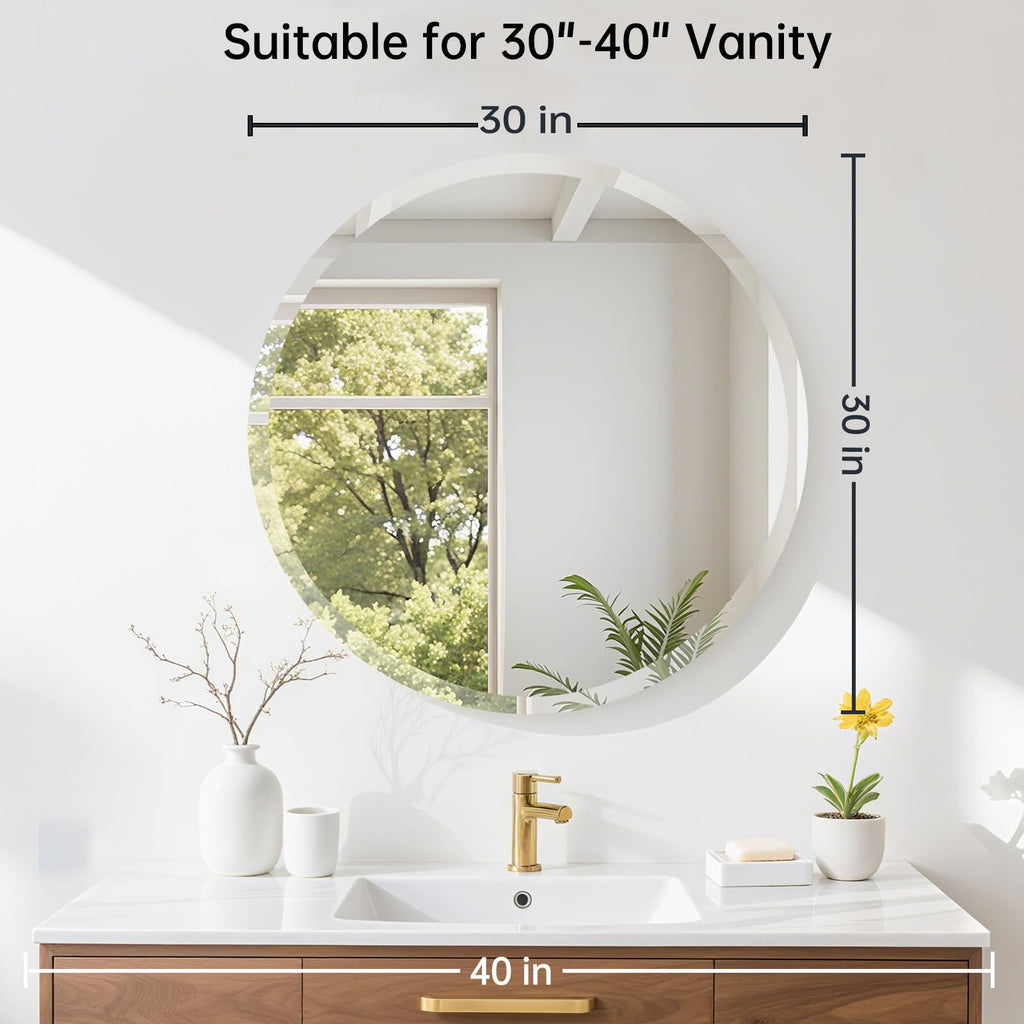 30 Inch Round Frameless Bathroom Mirror, Beveled Round Mirror