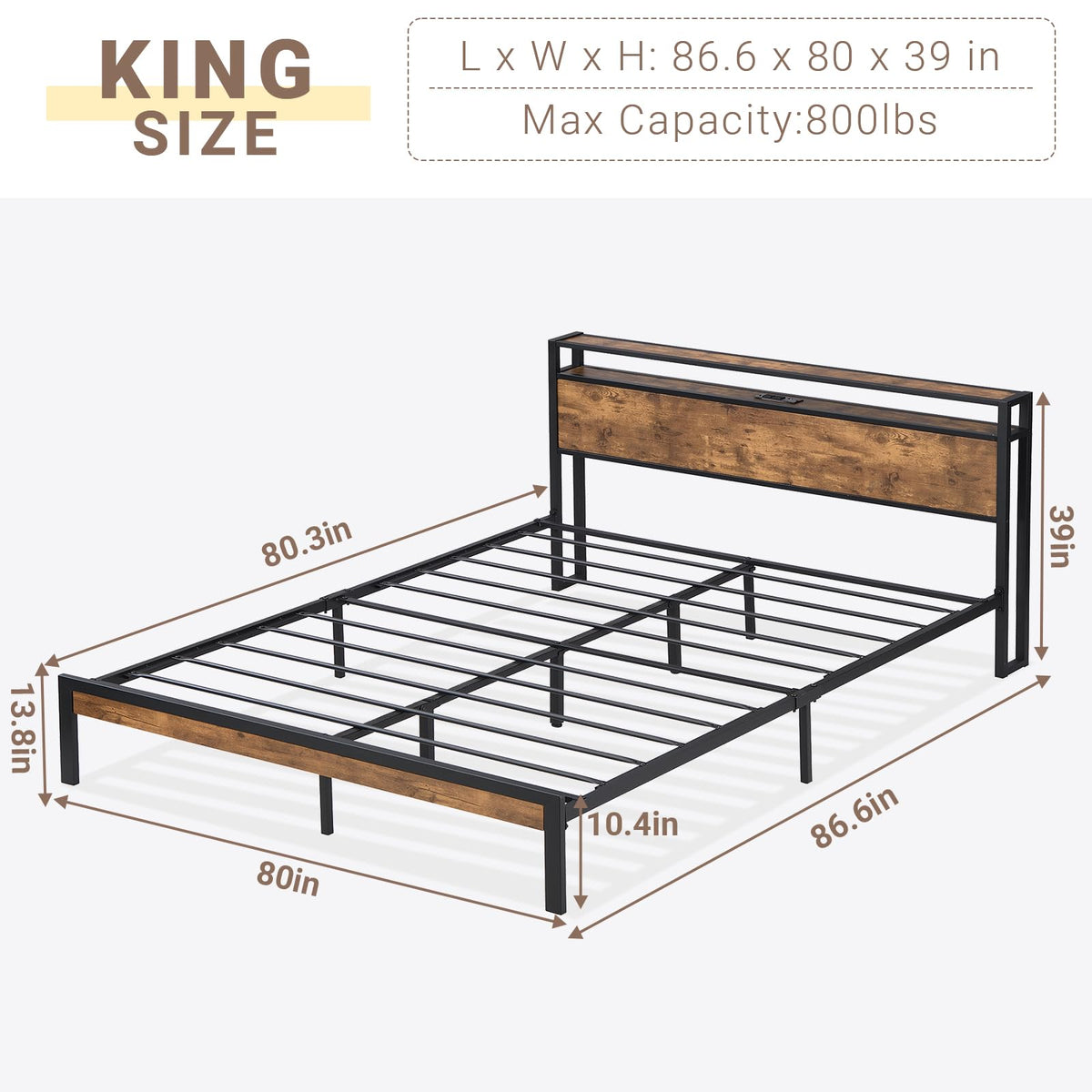 Bed Frame with Headboard, with Charging Station, Metal Platform Bedframe No Box Spring Needed