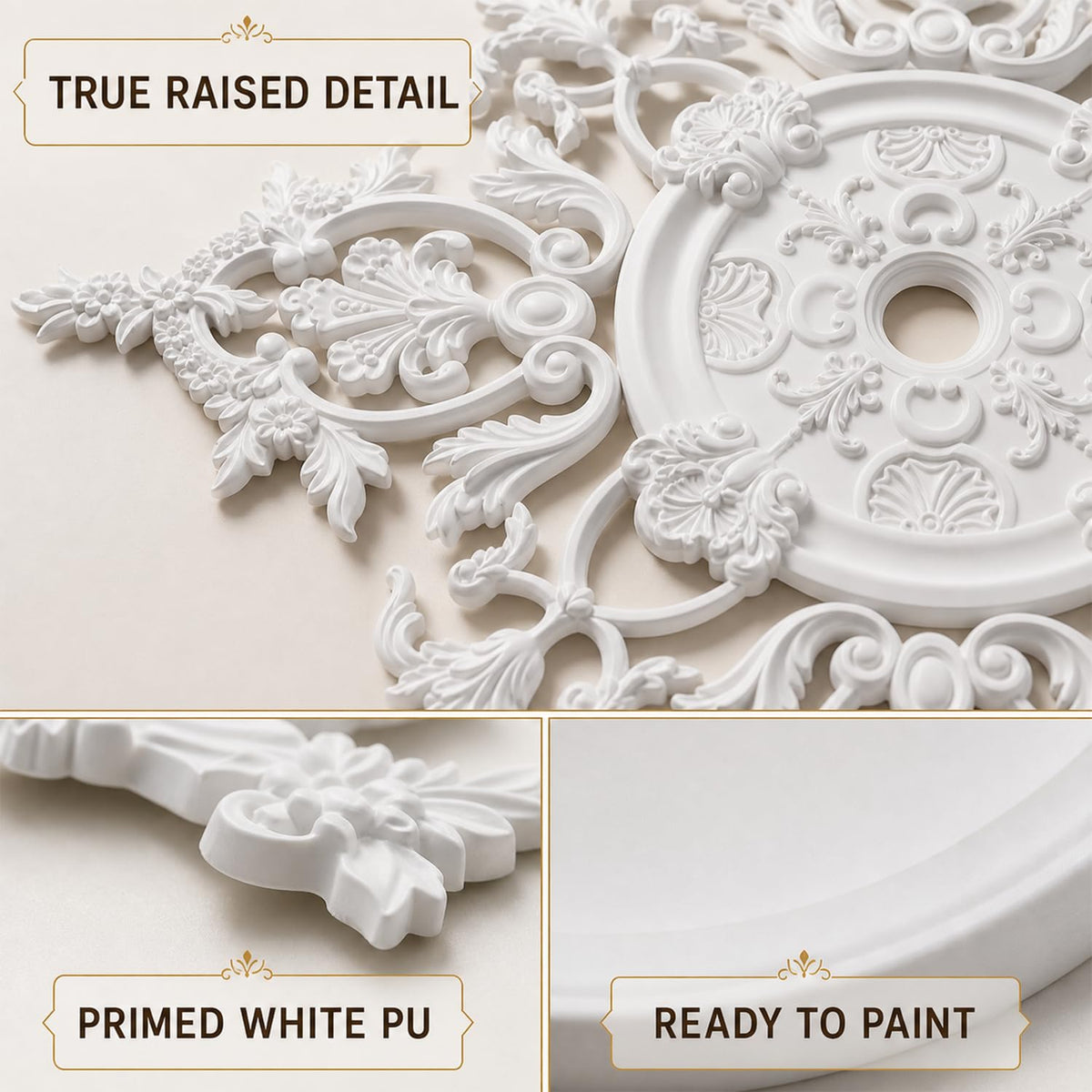 35.4 Inch Large PU Ceiling Medallion, French Victorian Decorative, White