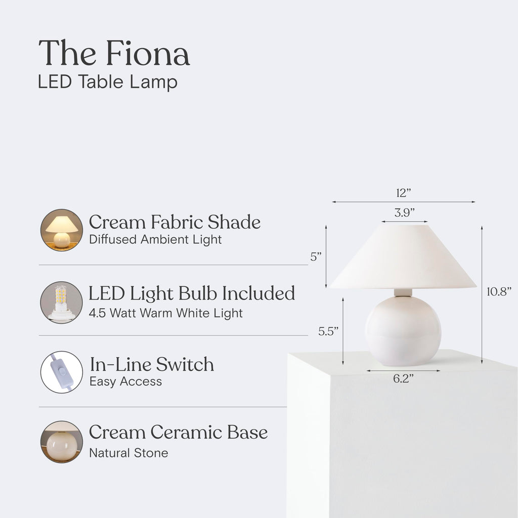 Fiona 11" LED Table Lamp - Modern Ceramic Small Lamp with Diffusing Lamp Shade for Bedside, Nightstand, Desk - Cozy