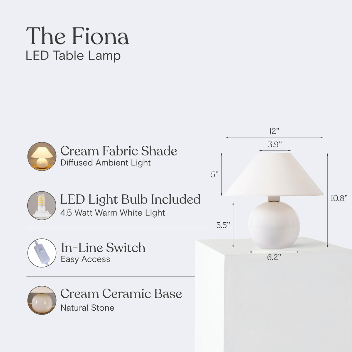 Fiona 11" LED Table Lamp - Modern Ceramic Small Lamp with Diffusing Lamp Shade for Bedside, Nightstand, Desk - Cozy