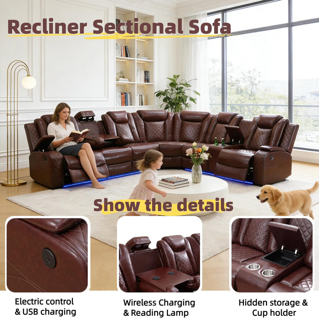 Leather Power Reclining Sectional Sofa with USB charging