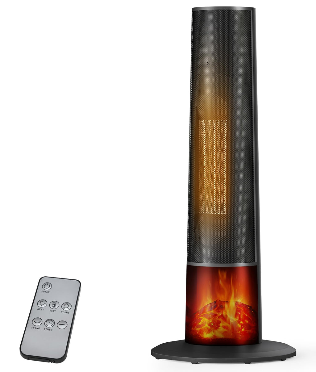 Tower Heater for Indoor Use - 25" Portable Space Heater with 3D Flame, Remote, Adjustable Thermostat, 2 Heat Modes