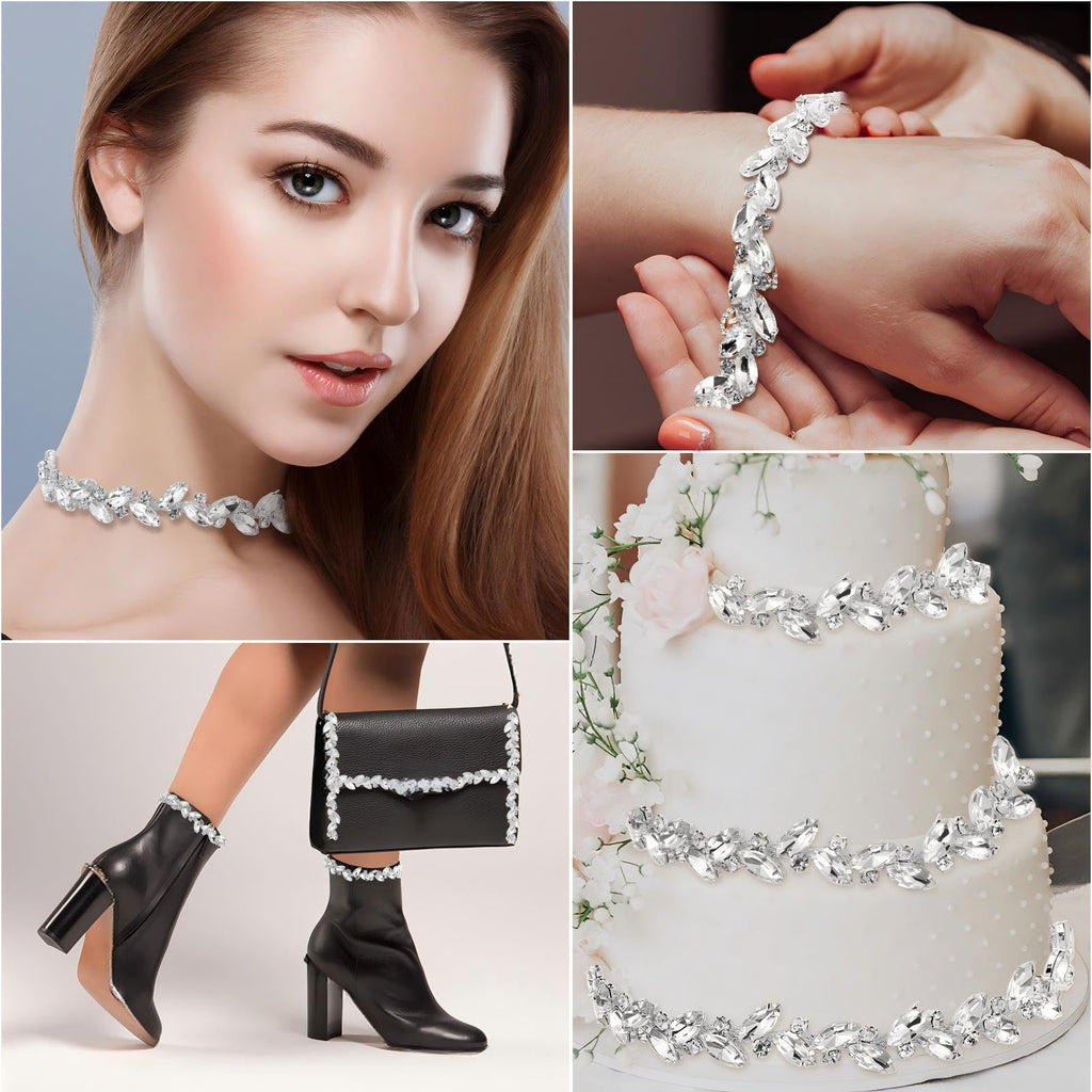 Crystal Rhinestone Chain Trim Leaf Flower Sewing, 3 Yards, Silver