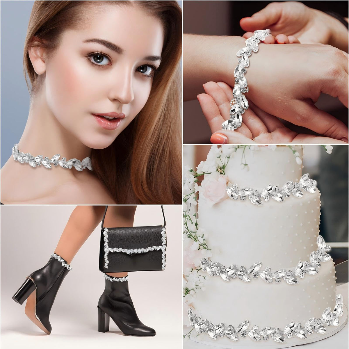 Crystal Rhinestone Chain Trim Leaf Flower Sewing, 3 Yards, Silver