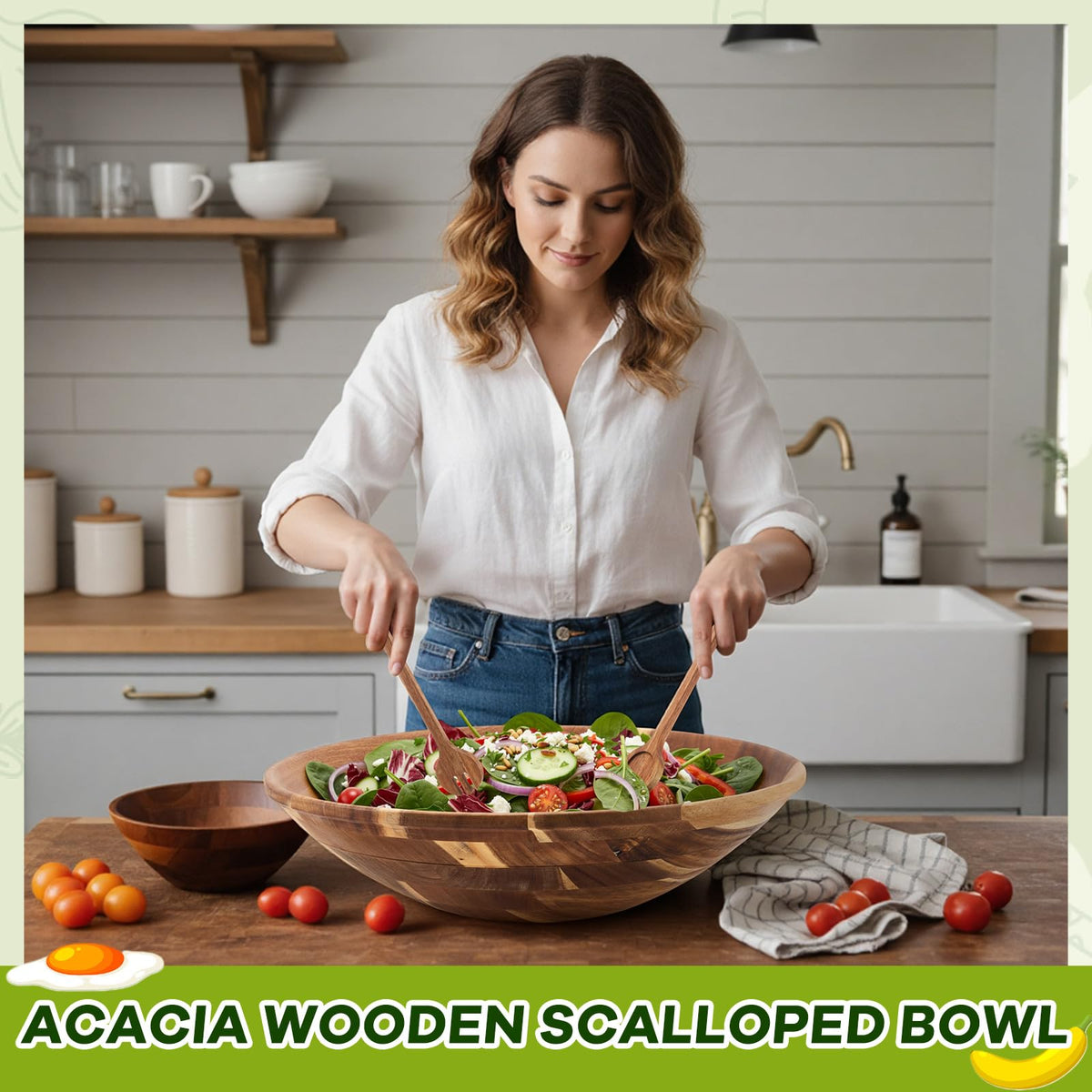 Large 18 Inch Acacia Wood Salad Bowl Set with Serving Utensils