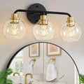 3 Light Bathroom Vanity Light, Black and Gold Bathroom Light Fixtures | with Clear Glass Shade Modern Wall Sconces