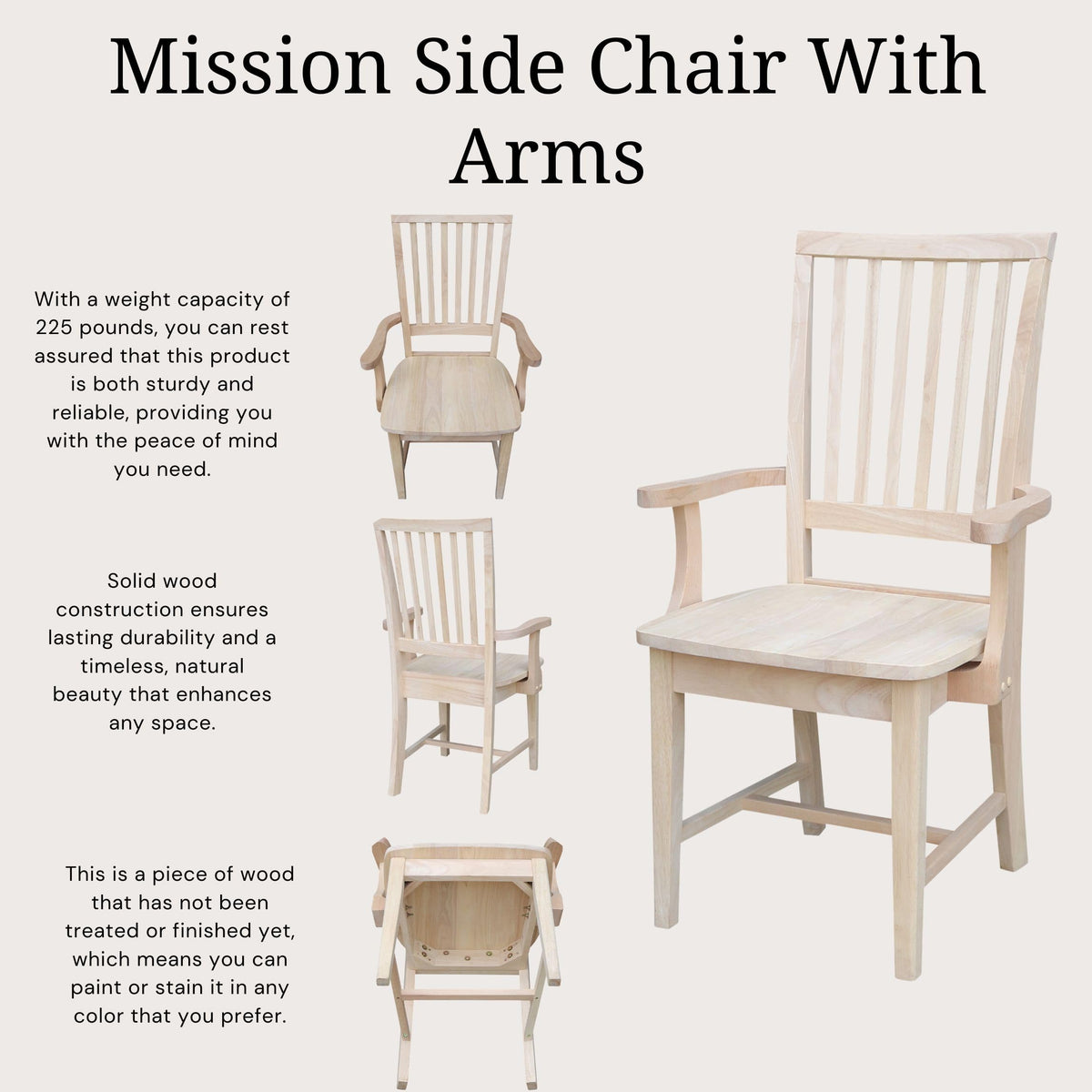 Mission Arm Chair, Solid Wood, Unfinished