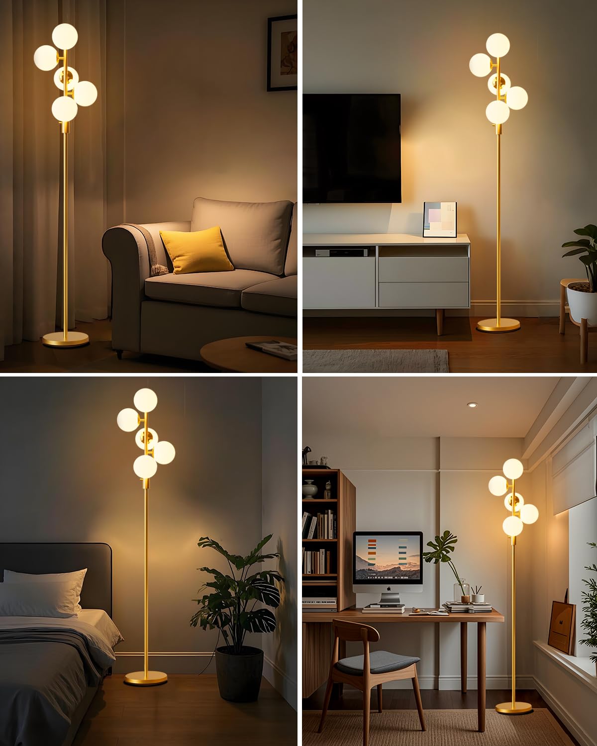 Dimmable Globe Floor Lamp, Gold Standing Lamps with 5PCS 3000K Bulbs Included, Mid Century Modern Floor Lamp