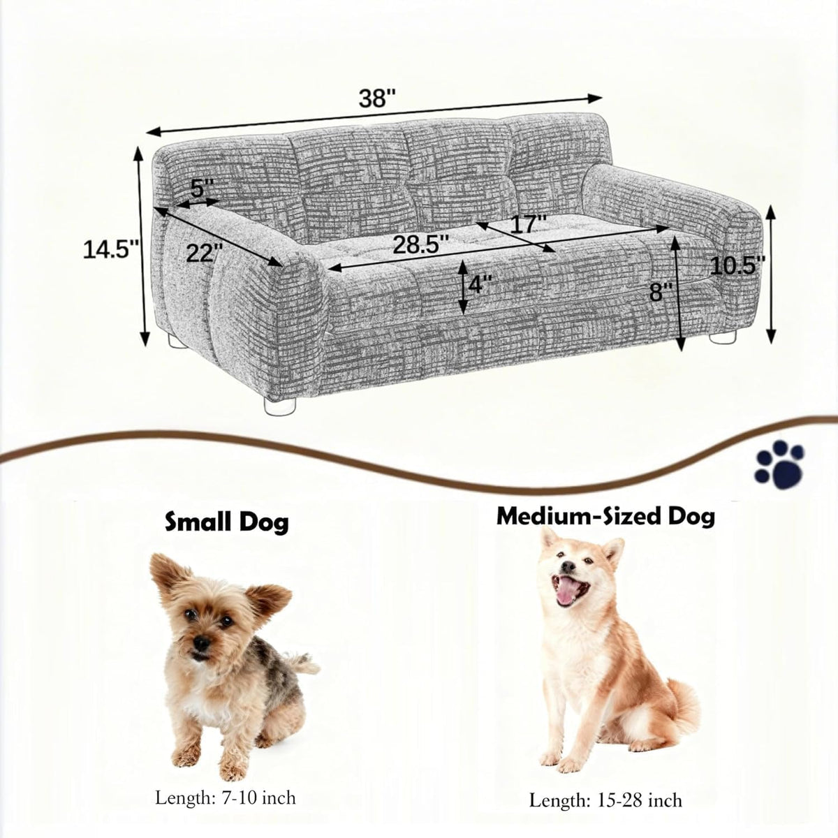 Dog Couch Bed, Memory Foam Sofa for Dogs with Backrest and Armrest, Durable Pet Sofa with Soft Cushion, Elevated