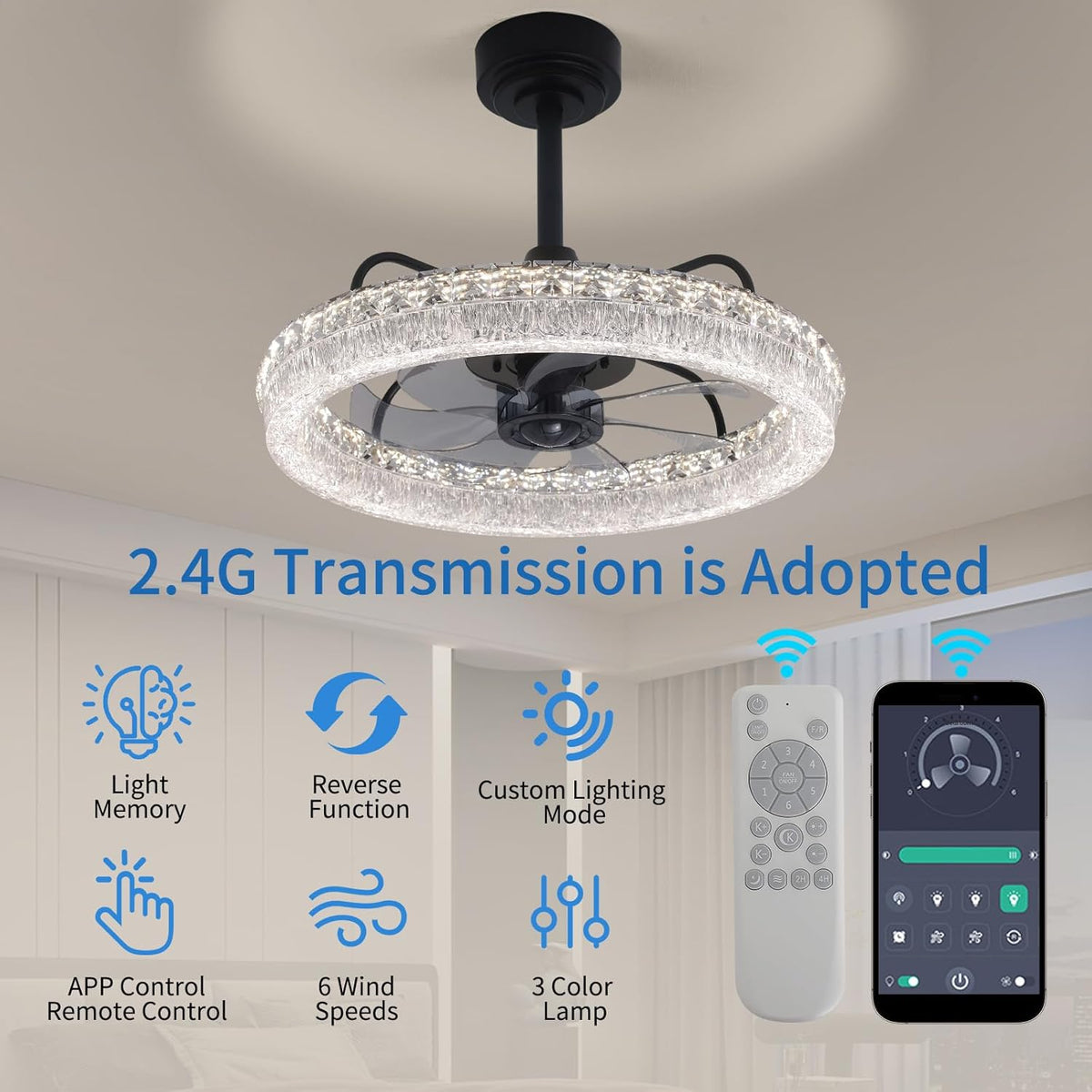 20" Crystal Ceiling Fan with Light & Remote