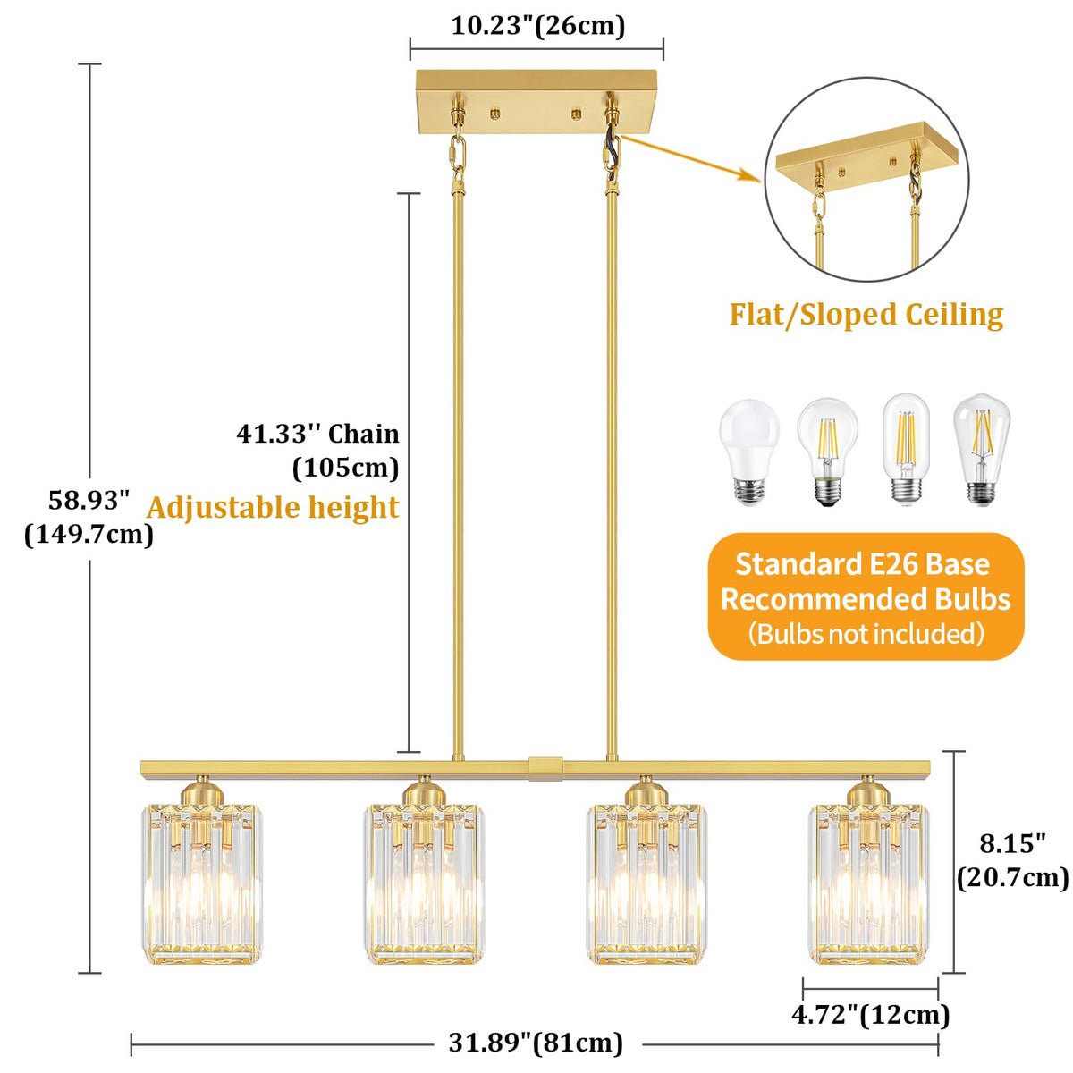 31.89" Brushed Gold Linear Chandelier Crystal Island Lights