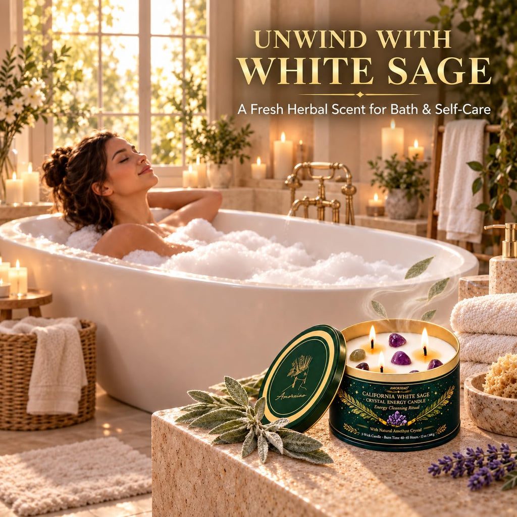 White Sage Candle for Cleansing with Crystals, 12 oz 3-Wick Soy Candle