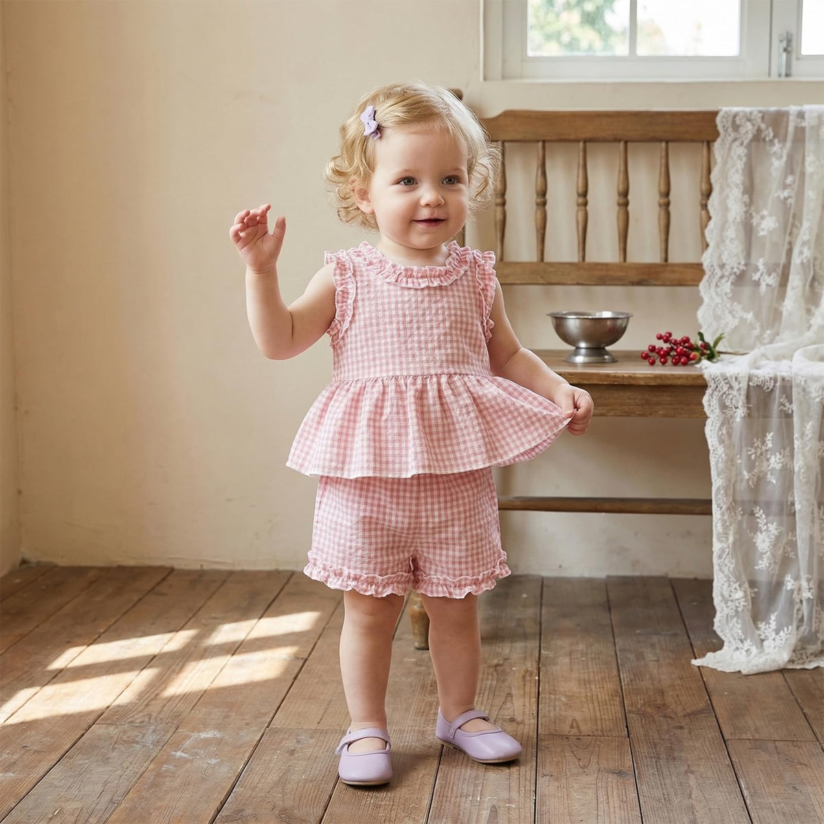 Toddler Baby Girl Summer Outfits Plaid Ruffle Sleeveless Shirt Tank Dress Top and Shorts Summer Clothes Set 2 Piece