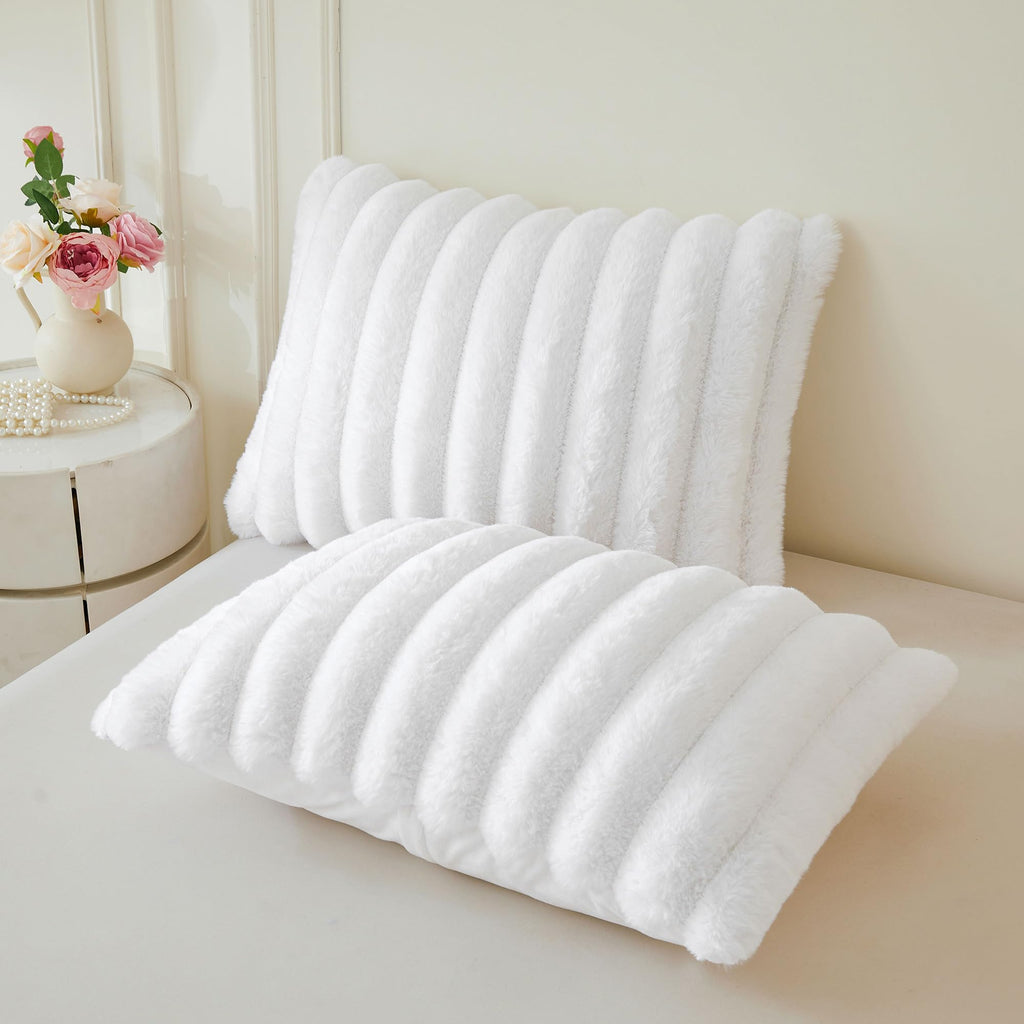 Fluffy Ribbed Faux Rabbit Fur Duvet Cover Set 2 PCS, White