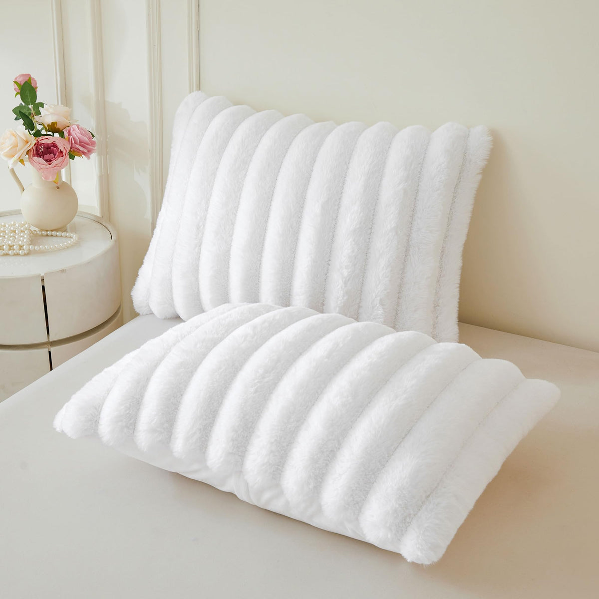 Fluffy Ribbed Faux Rabbit Fur Duvet Cover Set 2 PCS, White