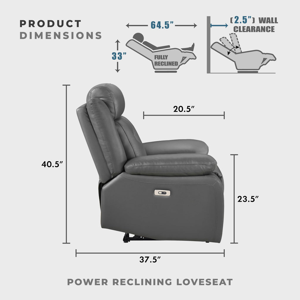 Top Grain Leather Match Power Double Recliner Loveseat, Dark Gray