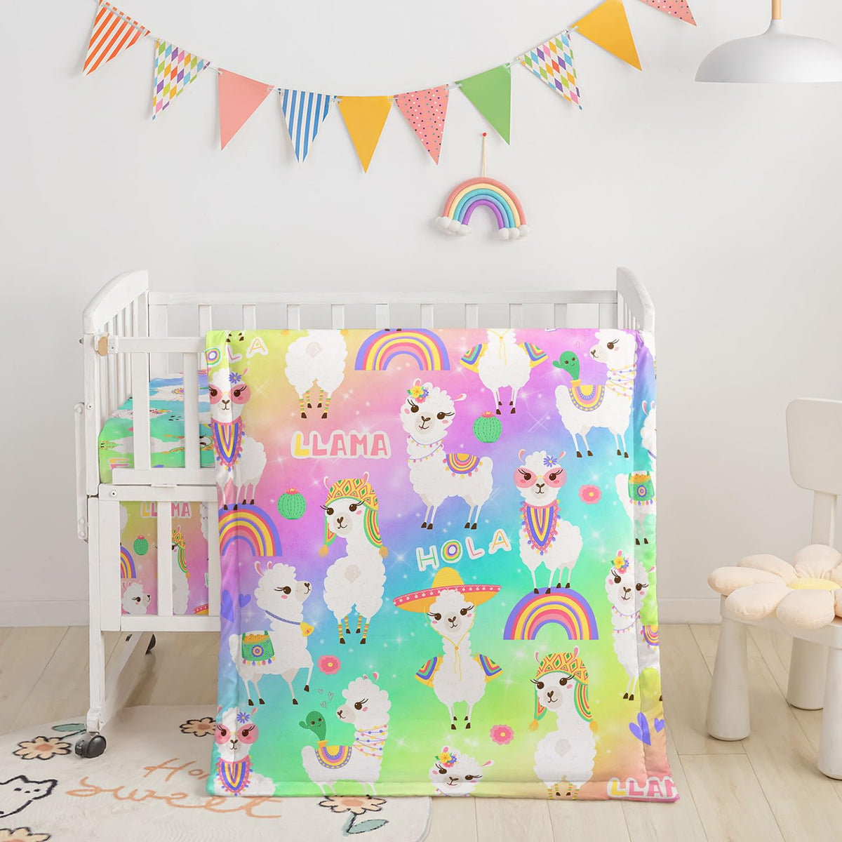 Rainbow Alpaca Printed Nursery Crib Bedding Set, 3pcs with Comforter, Crib Sheet & Crib Skirt for Baby Boys and Girls