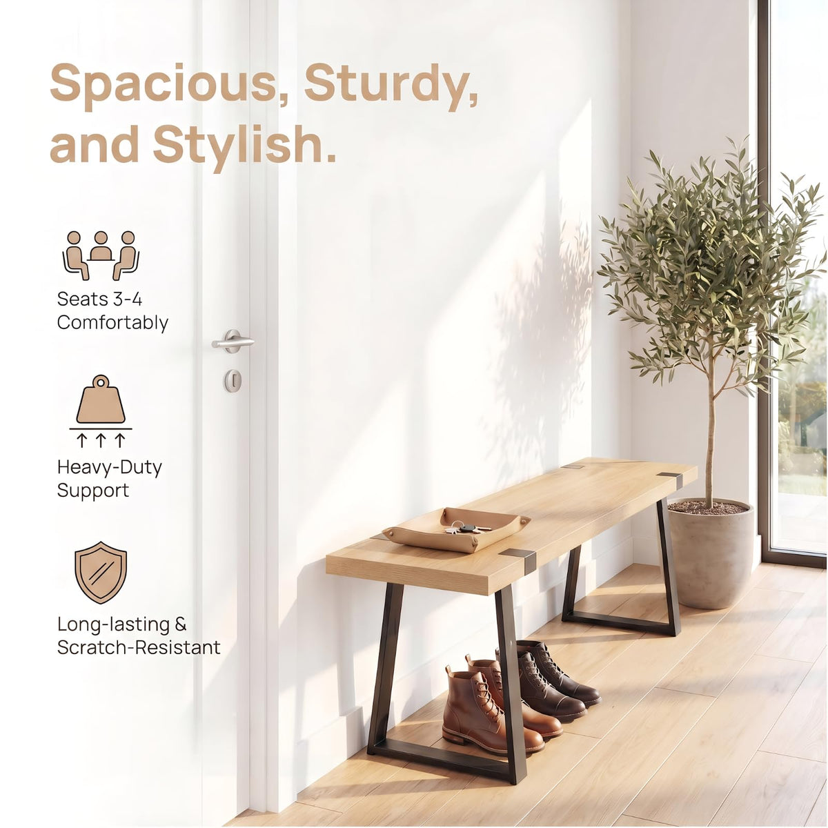 60" Entryway Bench Wood Dining Bench Bedroom Bench Modern Minimalist Long Slatted Bench Hallway, Sturdy Solid Wood