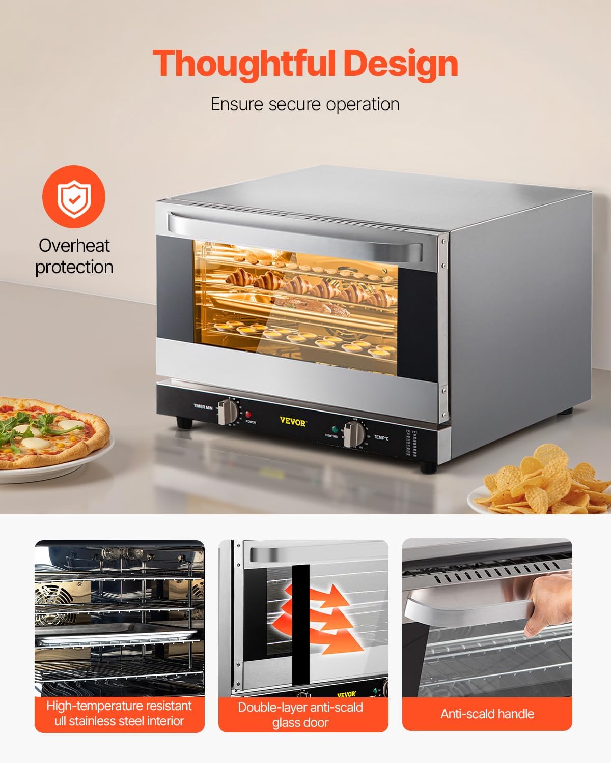 Commercial Convection Oven, 47L/43Qt, Half-Size Conventional Oven Countertop, 1600W 4-Tier Toaster w/Front Glass Door