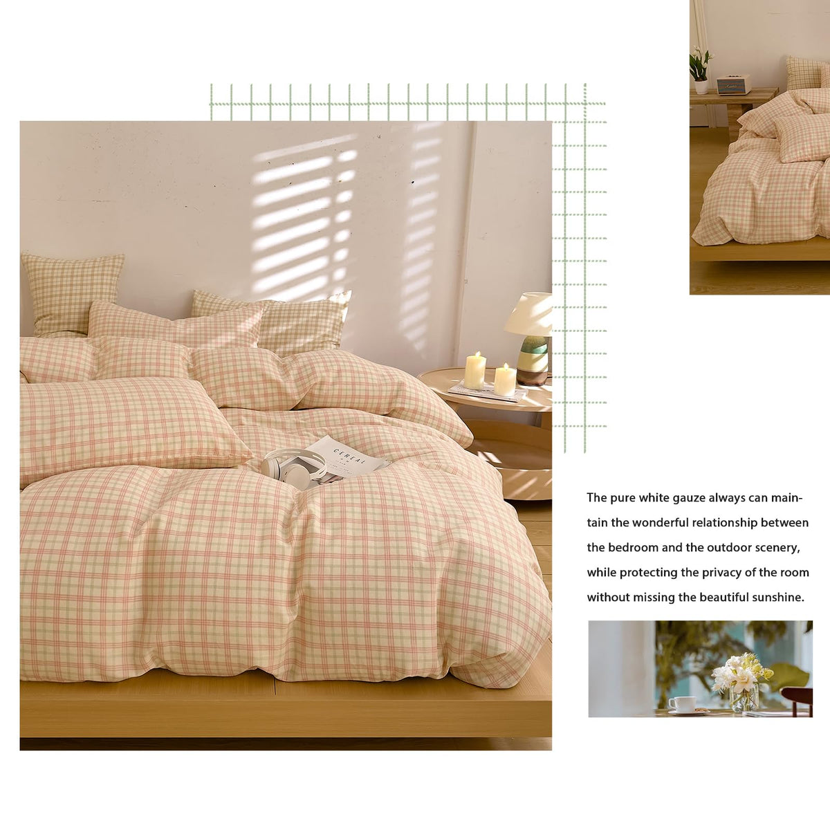 Pink Gingham Duvet Cover Set Twin, Yellow Plaid Grid Pattern Bedding Set Soft Muslin Cotton Gauze Comforter Cover