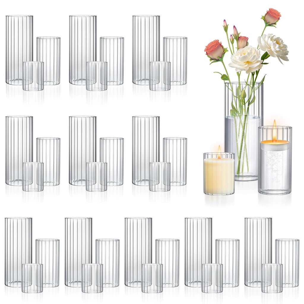 6 Pack Ribbed Glass Cylinder Vases 4, 6, 10 Inch Tall Clear Flower Vase Hurricane Floating Candle Holder for Table