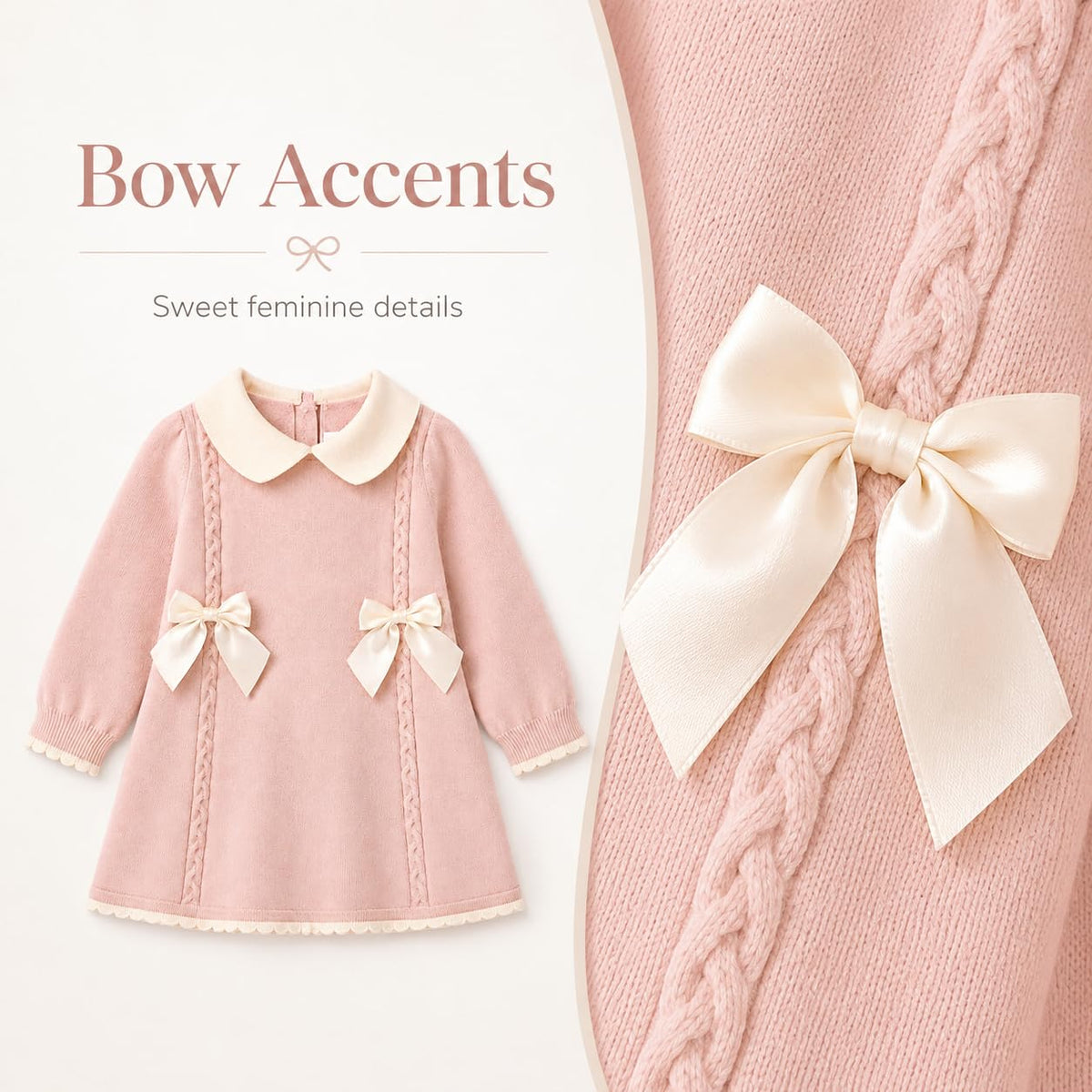 Baby Girls Knitted Sweater Dress with Peter Pan Collar & Bow (US, Age, Pink-White)