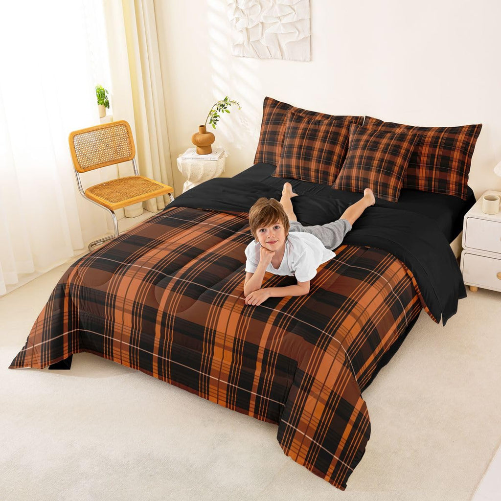 7 Piece Farmhouse Plaid Comforter Set Black Burnt Orange Classic Gingham Bedding Sets for Adults Men Women