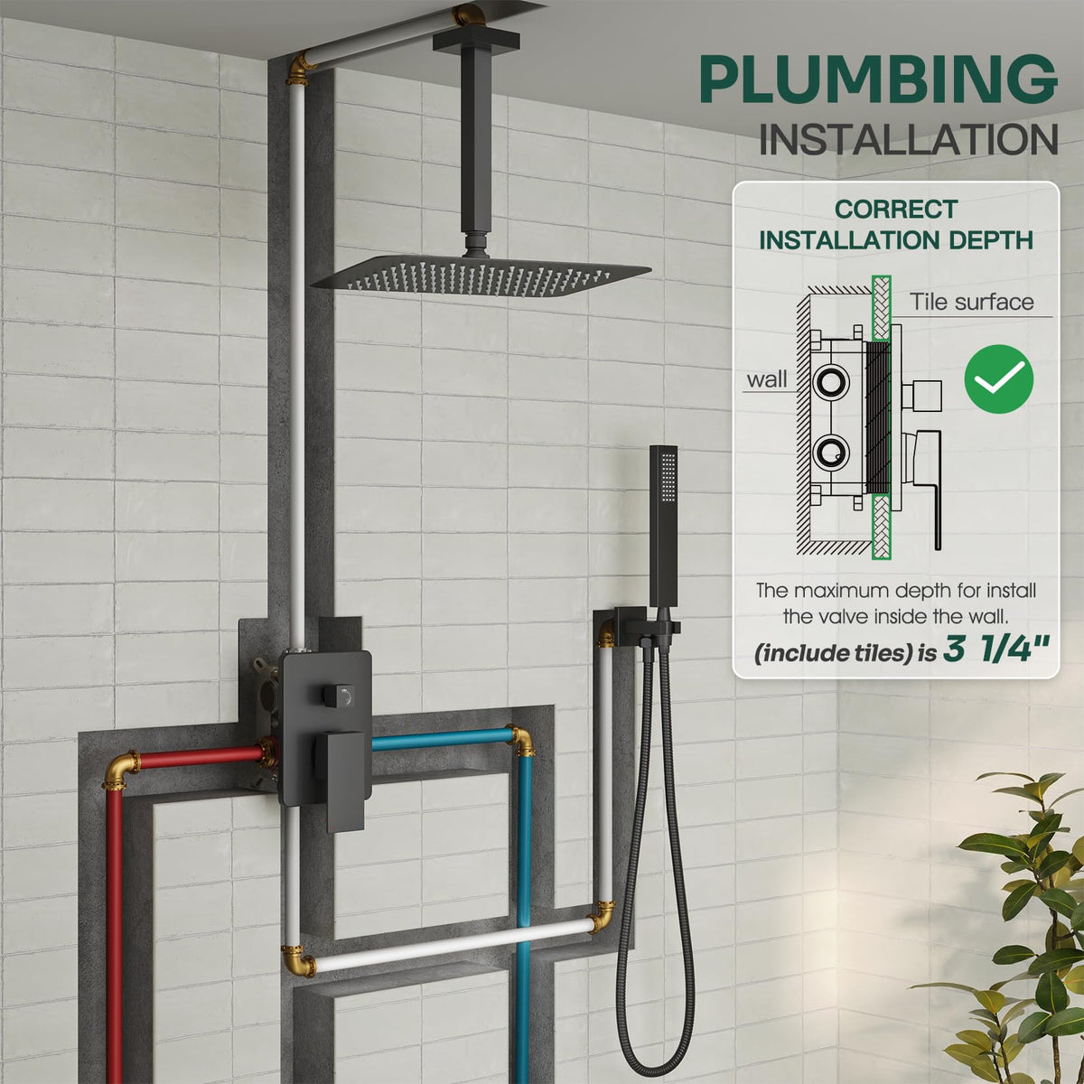 Ceiling Mount Shower System with 10" Rain Head, Handheld & Valve