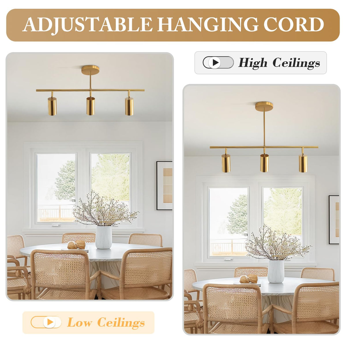 Lighting Linear Pendant Light Ceiling Track Spotlight Gold 3-Light with Rods Adjustable Hanging Lighting Fixture