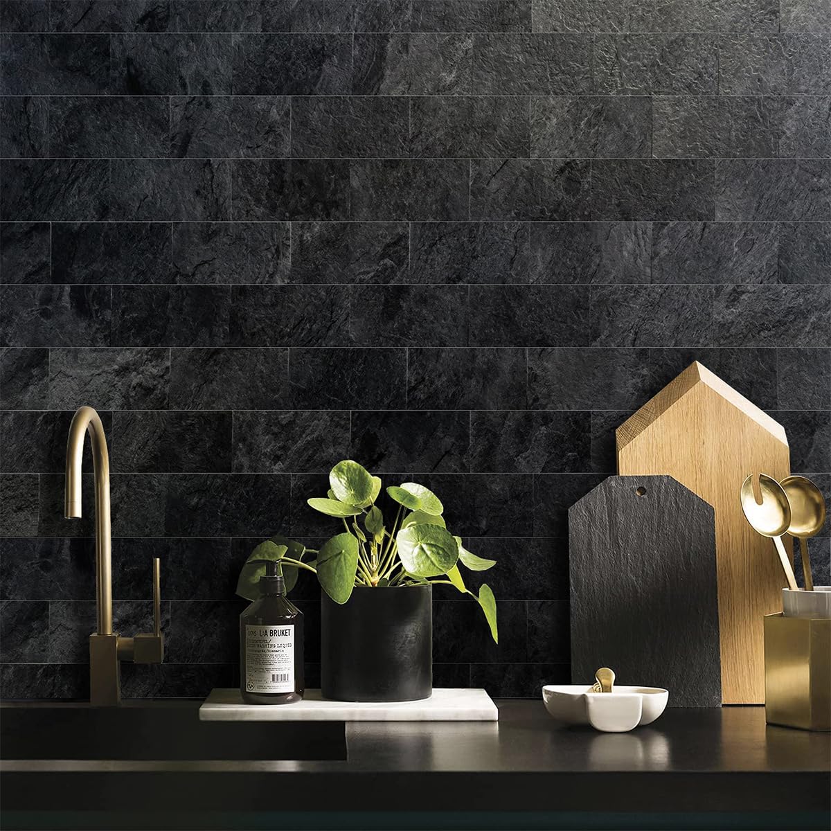 100 Piece Black Slate Peel and Stick Backsplash Wall Tiles, 3" x 6" PVC Faux Stone Stick on Tiles for Backsplash