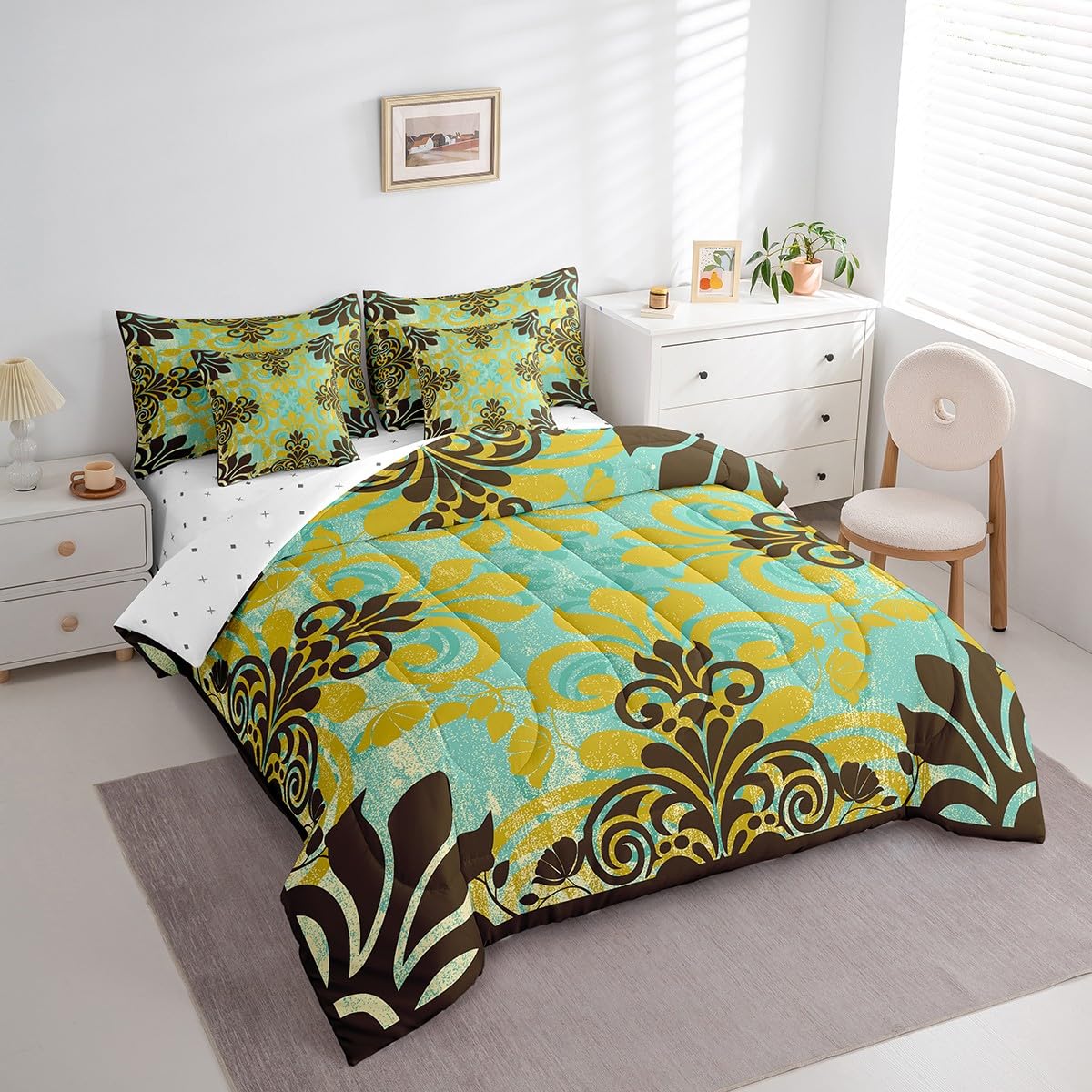 Bohemian Damask Comforter Set 7 Piece Bed in a Bag Twin, Exotic Flowers Bedding Sets Antique Victorian Gothic Vintage