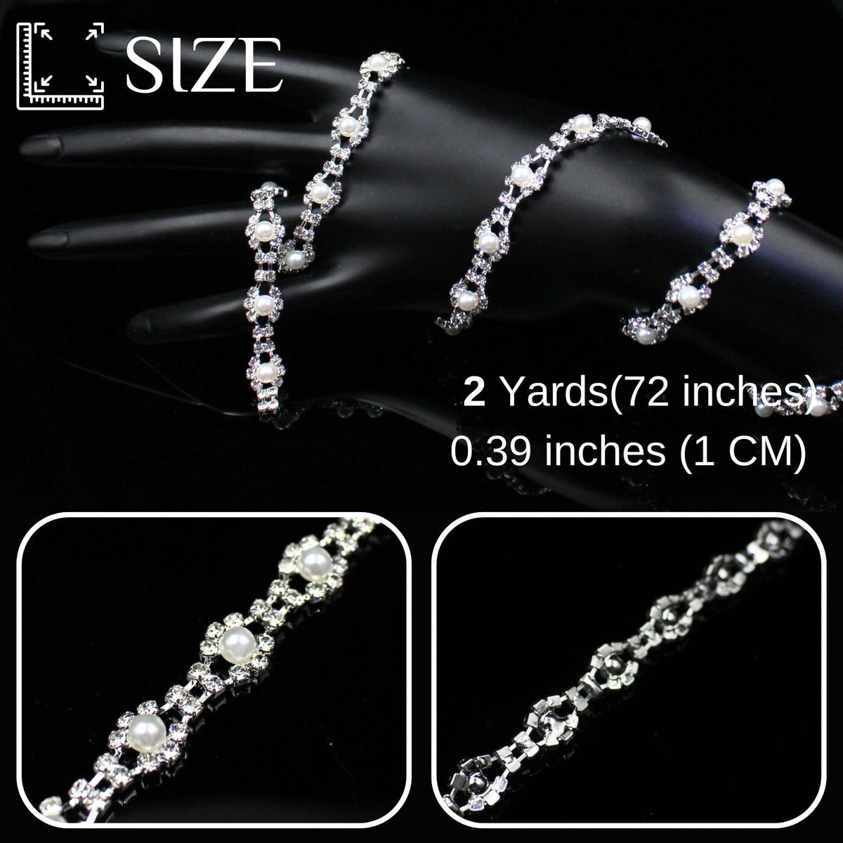 Pearl Trim Chain Rhinestone Silver String Crystal Applique Fringe Ribbon Strips Beads Sewing Dress DIY Party - 2 Yard
