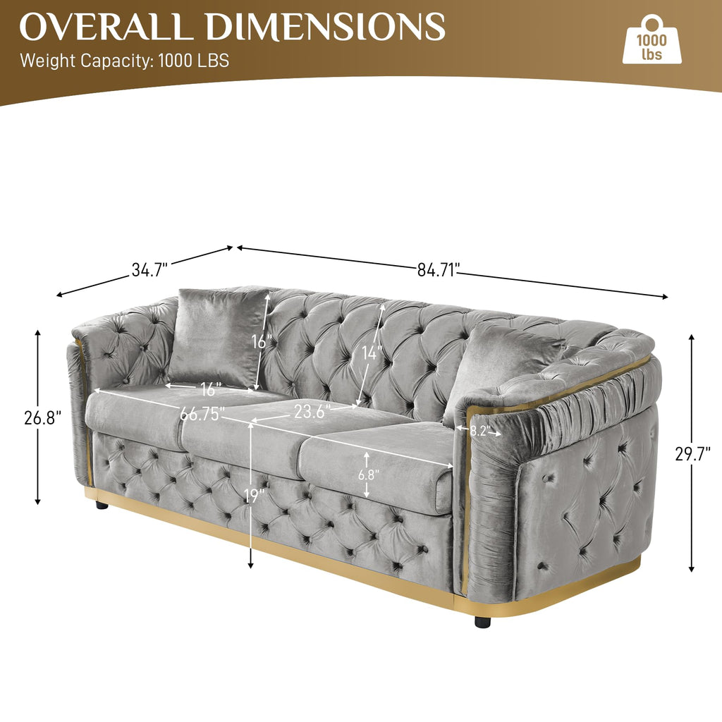 2-Piece 84.6" Sofa Set Chesterfield Tufted with Gold Legs, Grey