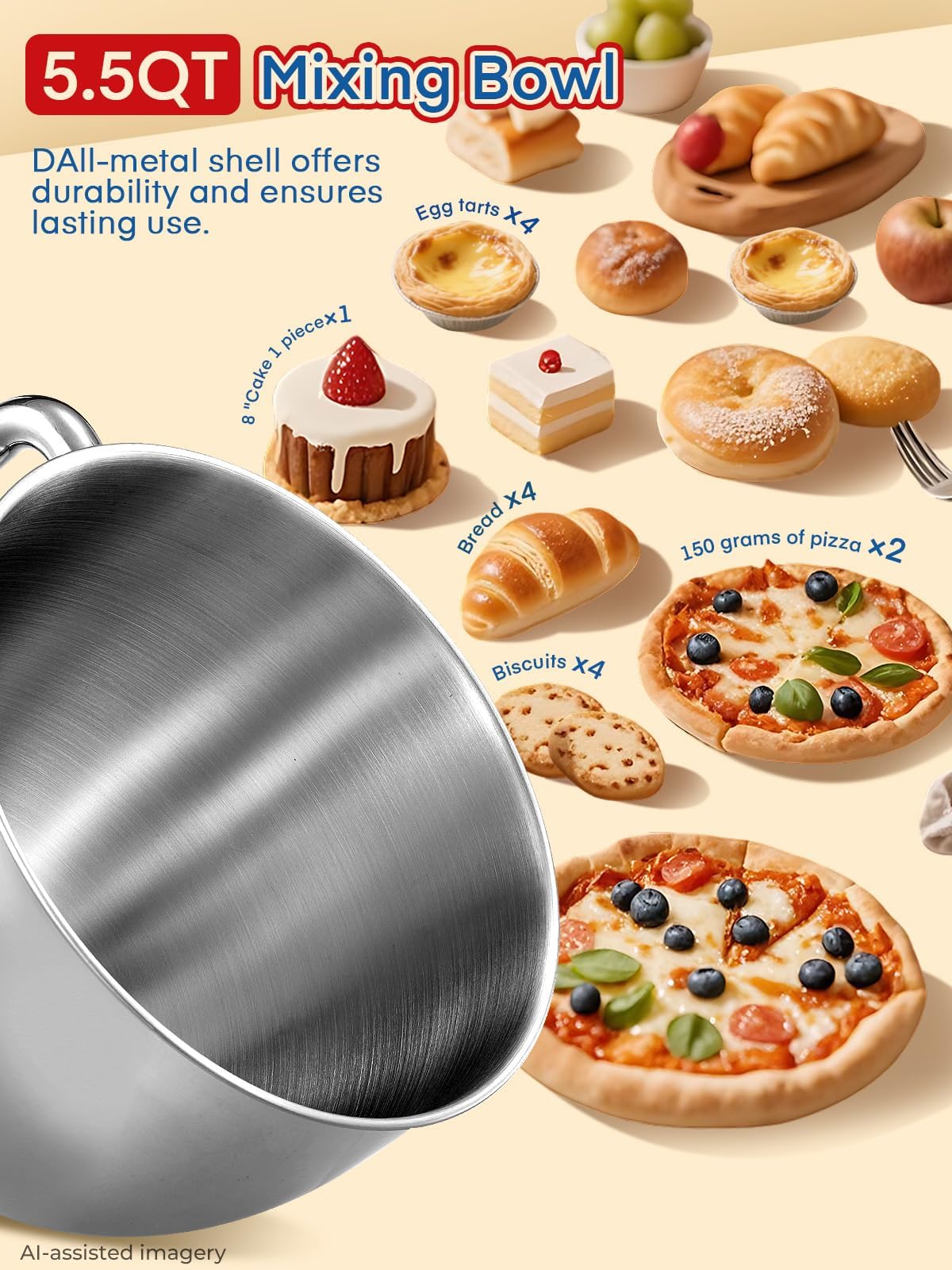 Stand Mixer , With Double Dough Hook, Wire Whip & Beater Mixers Kitchen Electric Stand Mixer, 5.5QT, 6+P Speed