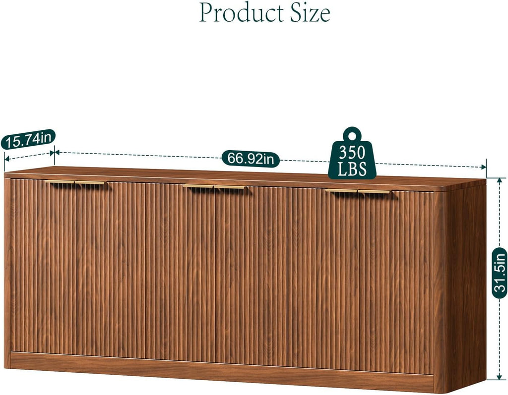 67" Walnut Fluted TV Stand for TVs up tp 75", Mid-Century Modern Entertainment Center with Storage Cabinets and Fluted Doors, Wood Media TV Consoles for Living Room and Bedroom Furniture